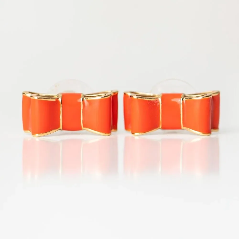 Kate Spade New York Take a Bow Stud Earrings Orange Enamel Polished Gold Tone